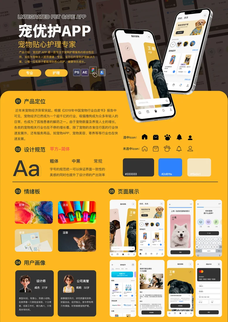 宠优护 · 宠物服务 App完整作品展板：黑黄配色的宠物服务展板，展示手机样机、品牌色彩、商品内容与应用界面。