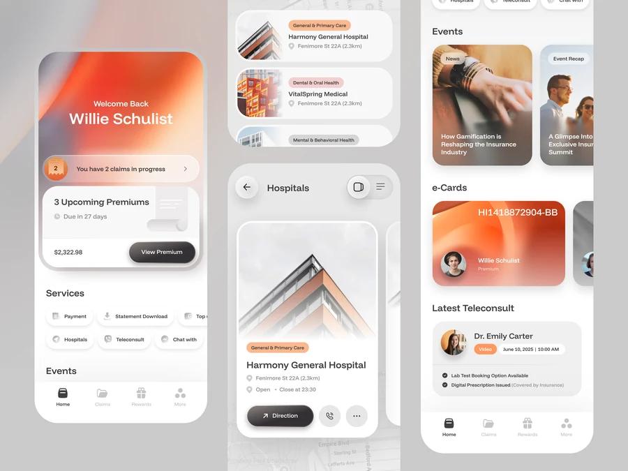 保险服务 · 移动应用，Paperpillar 的 Dribbble 作品：暖橙色渐变搭配通透的立体卡片，将保单、理赔进度与医疗服务组织在清晰的多屏界面中。