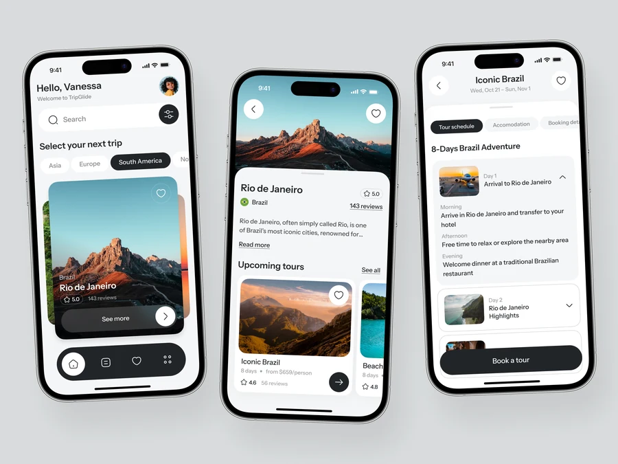旅行探索 · 行程预订 App，Ronas IT | UI/UX Team 的 Dribbble 作品：自然风景影像与清爽的白色界面相结合，通过三款手机样机展示目的地浏览、旅行详情与行程安排。