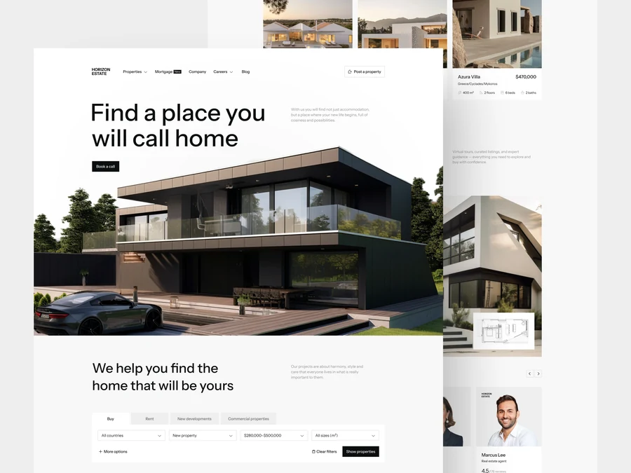 Horizon Estate · 地产官网，Shakuro 的 Dribbble 作品：以大幅建筑摄影、简洁排版和房源信息卡片，呈现现代住宅与地产服务。