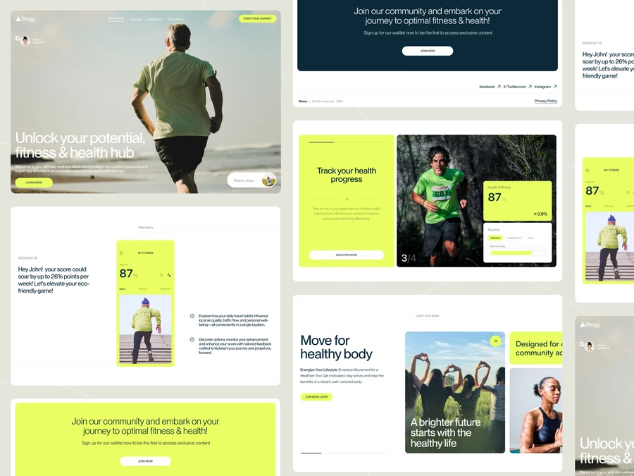 Fitnoo · 运动健康官网，QClay 的 Dribbble 作品：荧光黄绿与自然运动影像形成鲜明对比，通过多页面布局展示健康内容与活动指标。