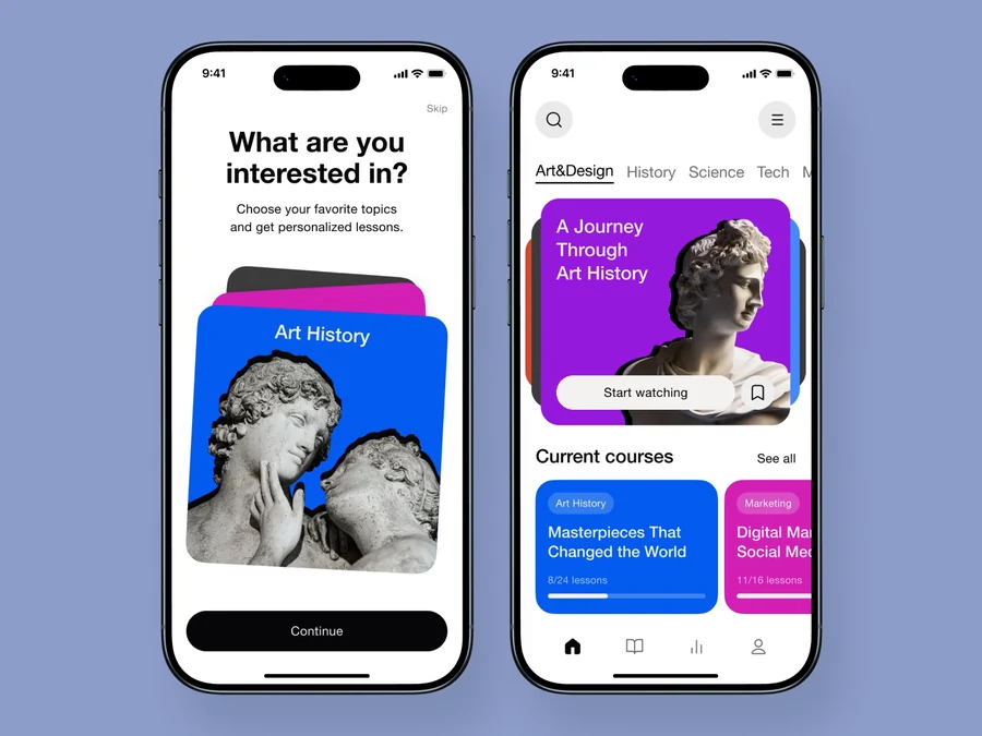 艺术课程 · 移动学习，Ronas IT | UI/UX Team 的 Dribbble 作品：以蓝紫色课程卡片和艺术图像，连接兴趣选择、课程发现与移动学习。