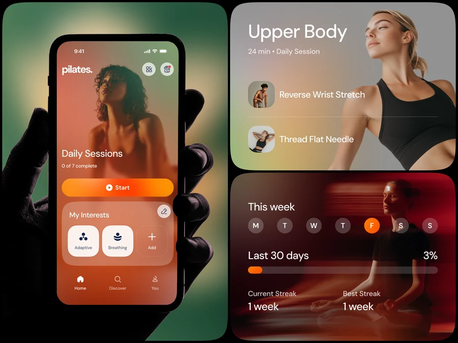 Pilates · 普拉提训练，Paperpillar 的 Dribbble 作品：以暖橙色训练界面、课程卡片和周计划，呈现清晰而有活力的运动体验。