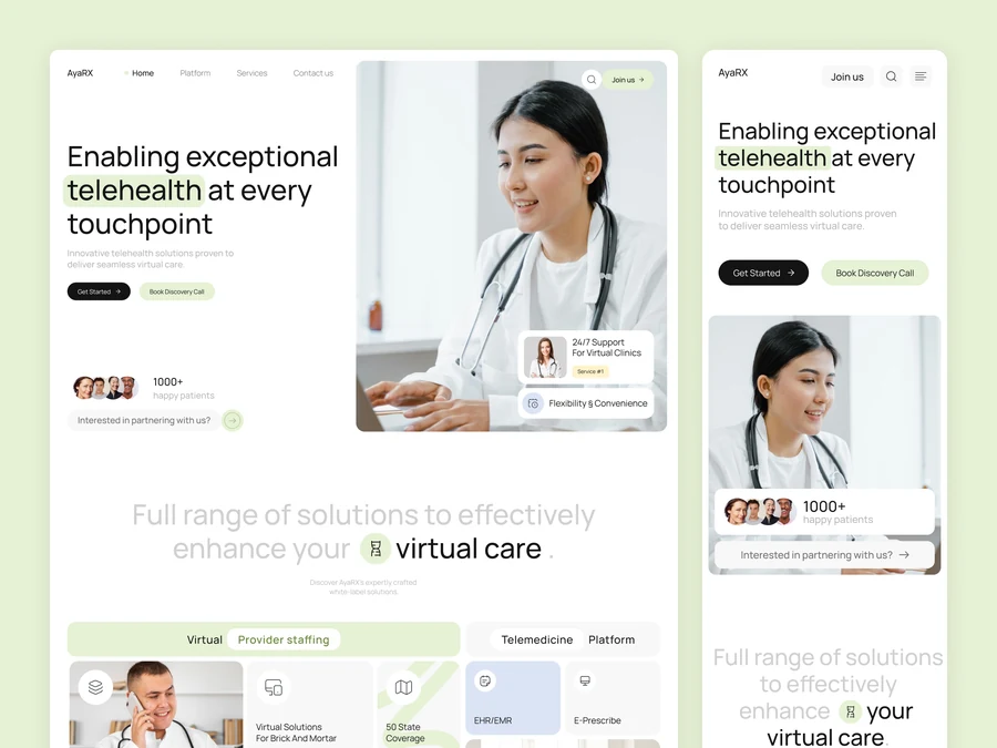 AyaRX · 远程医疗官网，Eloqwnt 的 Dribbble 作品：浅绿色与大面积留白构成清晰的医疗服务首页，桌面与手机界面并列展示。