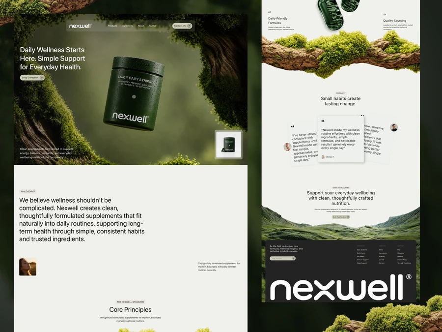 Nexwell · 健康品牌官网，LAIN 的 Dribbble 作品：森林绿、苔藓与产品摄影串联多页面布局，以自然材质呈现健康品牌的视觉气质。