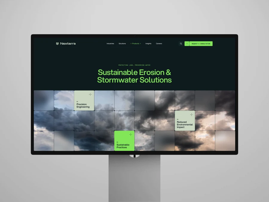 Nexterra · 环保科技官网，Kreativa Studio 的 Dribbble 作品：深绿与荧光绿构成鲜明品牌识别，网格影像展示环保工程与自然主题。